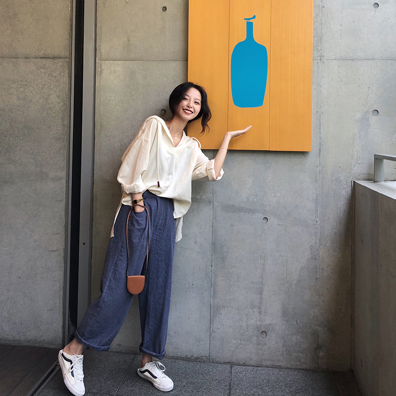 2018早秋季新款晚晚風怪味少女網紅港味復古寬松闊腿褲兩件套裝女