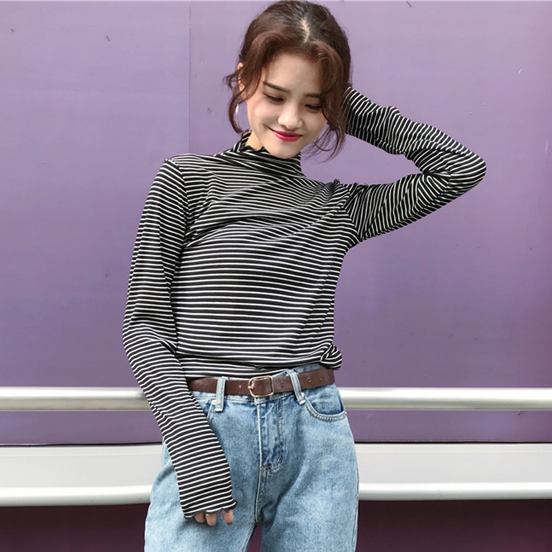 秋裝女裝韓版撞色條紋修身顯瘦波紋半高領長袖打底衫T恤上衣學生