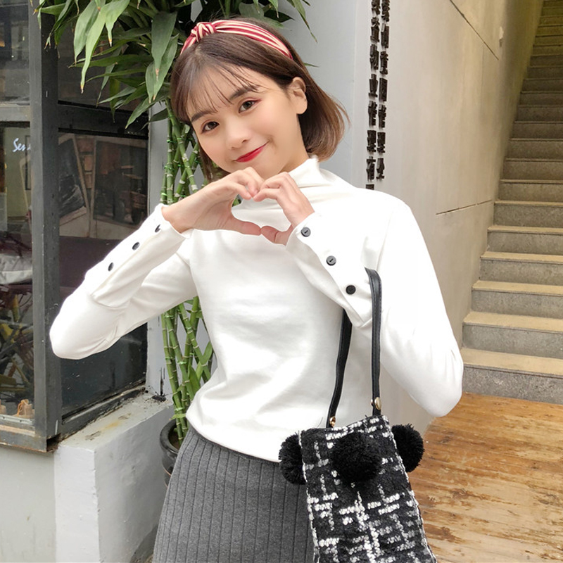 秋季2018新款韓版修身顯瘦高領袖口紐扣長袖休閑打底衫T恤上衣女