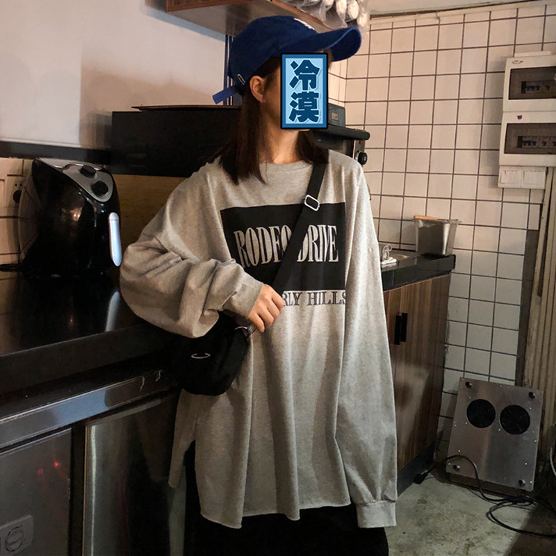 秋季女裝韓版中長款原宿風復古寬松字母休閑帥氣長袖T恤顯瘦上衣