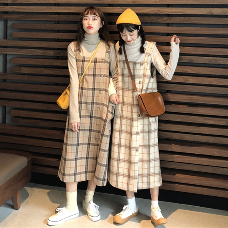 秋冬韓版中長款氣質復古格子寬松背帶裙連衣裙長裙+針織打底T恤女