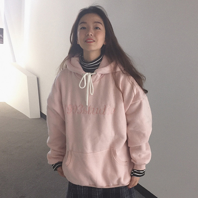 秋冬女裝韓版學院風寬松加絨字母刺繡連帽套頭慵懶風超火衛衣外套