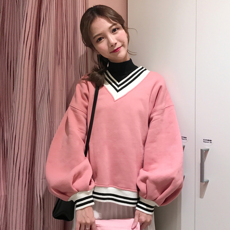 2018新款秋冬韓版學院風V領寬松加絨加厚套頭超火衛衣上衣外套女