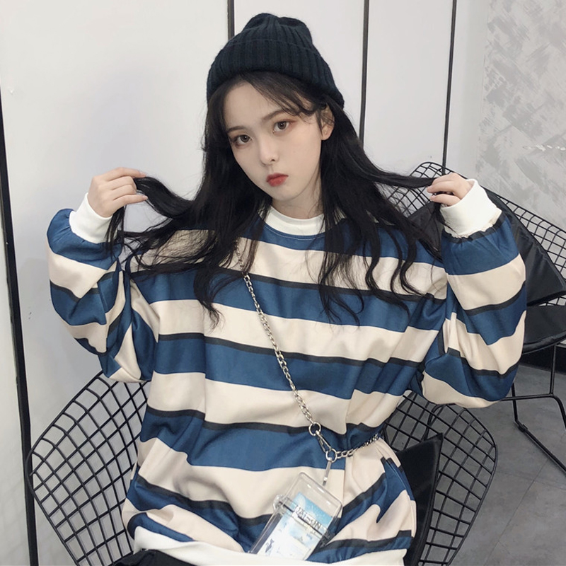 2018新款秋冬女裝韓版中長款學院風厚實寬松條紋呢料衛衣上衣外套