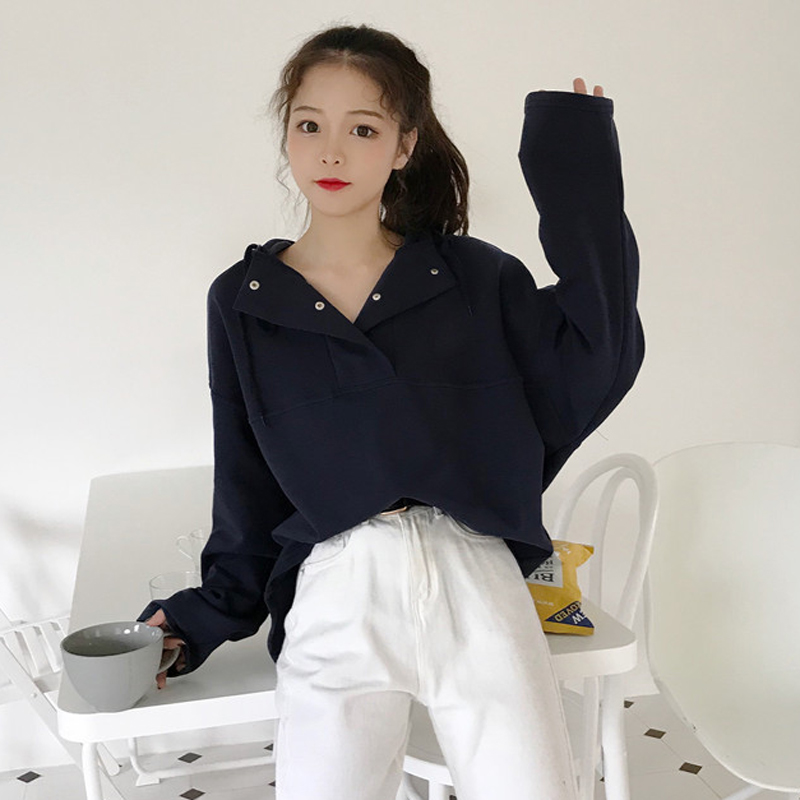 秋裝女裝韓版BF風寬松純色抽繩連帽套頭衛衣中長款長袖上衣外套潮