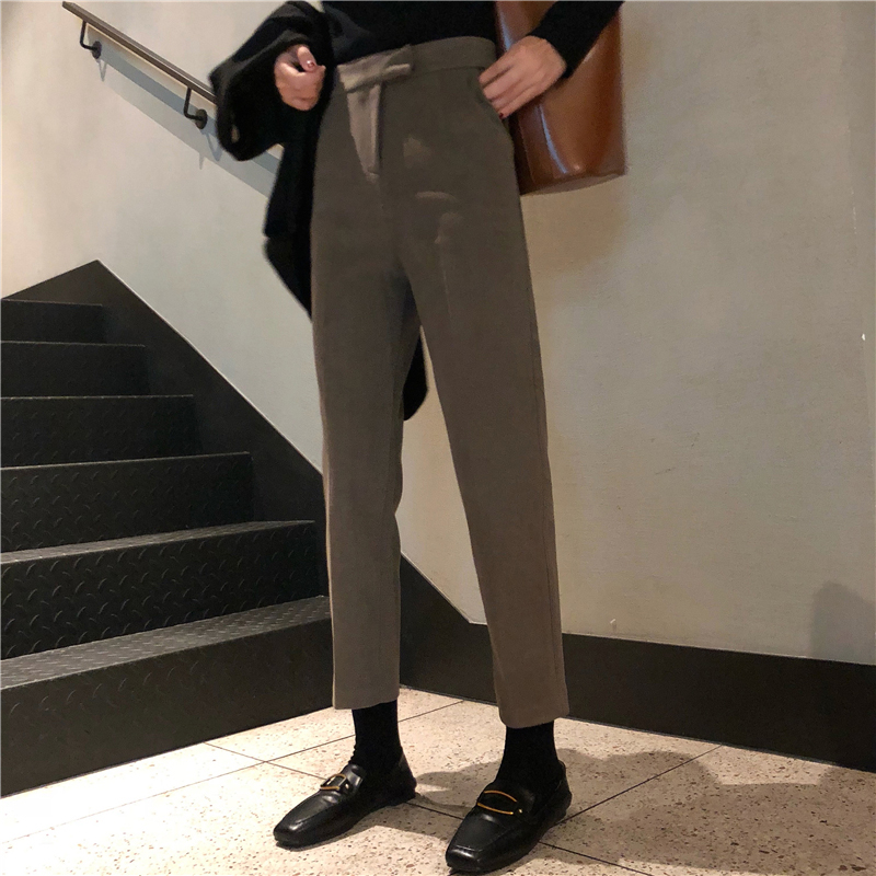 秋冬韓版寬松加厚毛呢抽褶九分褲西裝褲高腰直筒褲休閑褲闊腿褲女