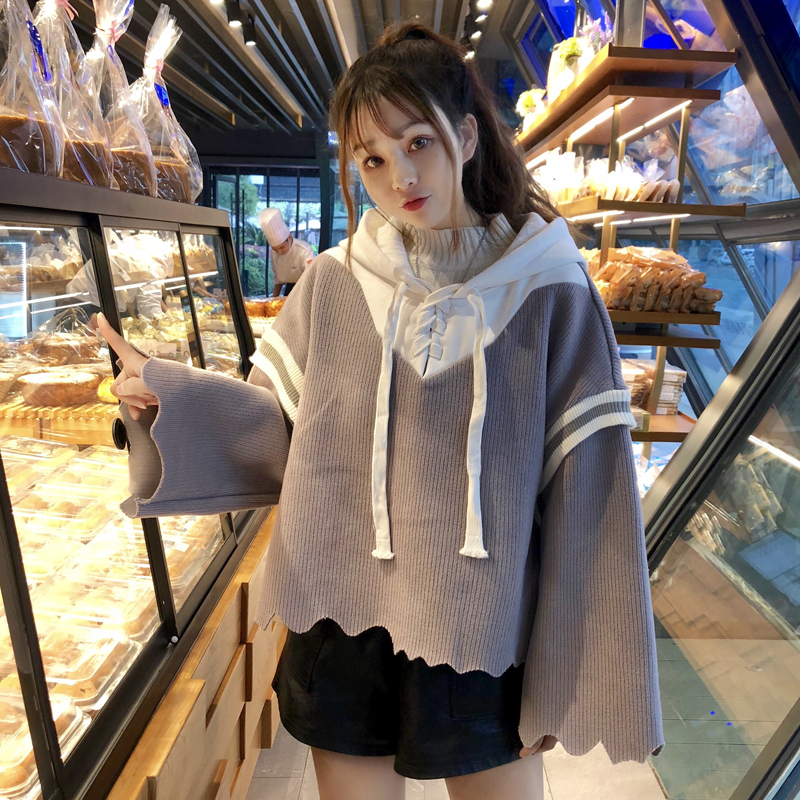 2018新款秋冬韓版學院風寬松拼接撞色綁帶連帽套頭超火衛衣外套女