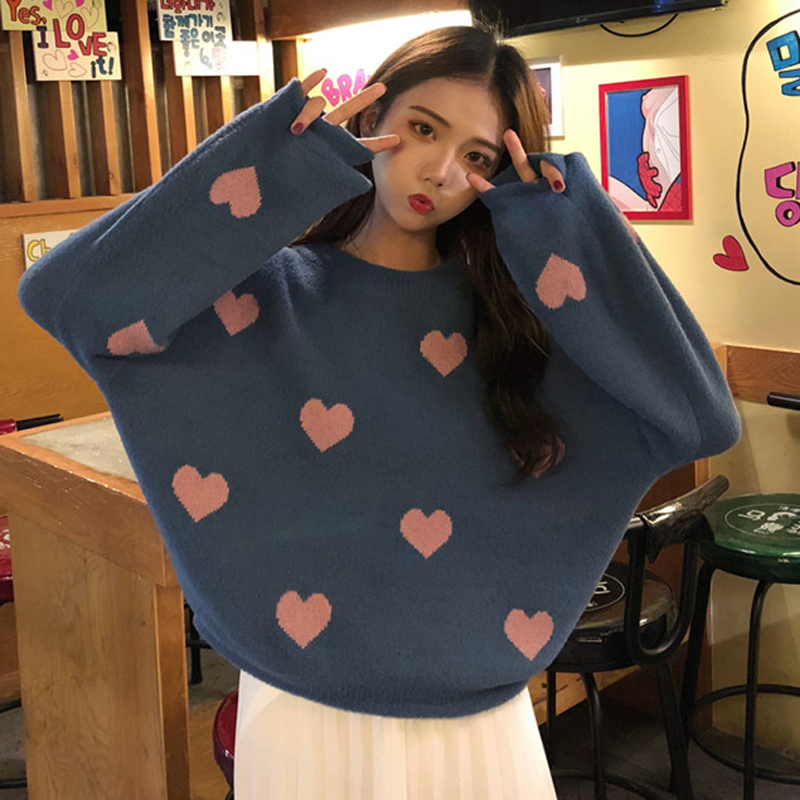 秋冬女裝韓版寬松百搭甜美慵懶風愛心網紅套頭針織衫毛衣上衣外套
