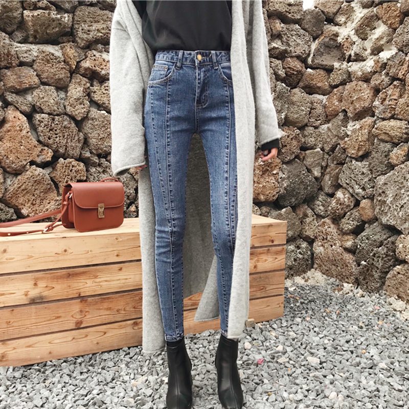 秋裝新款復古氣質修身高腰水洗牛仔褲時尚女士緊身鉛筆褲九分褲子