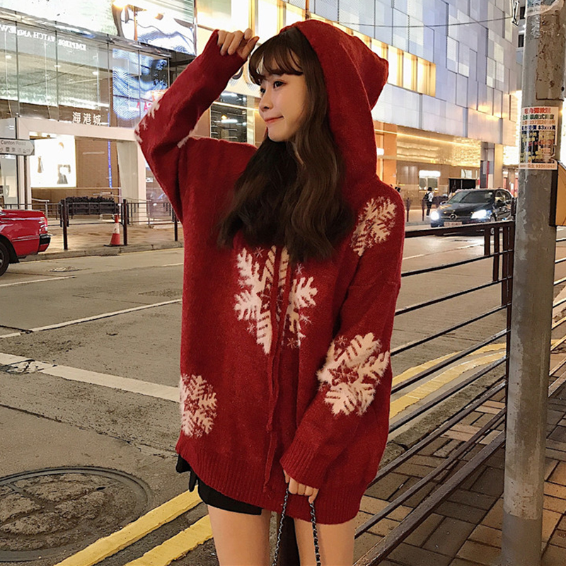 慵懶風圣誕雪花連帽針織衫女秋冬裝2018新款韓版寬松百搭毛衣外套