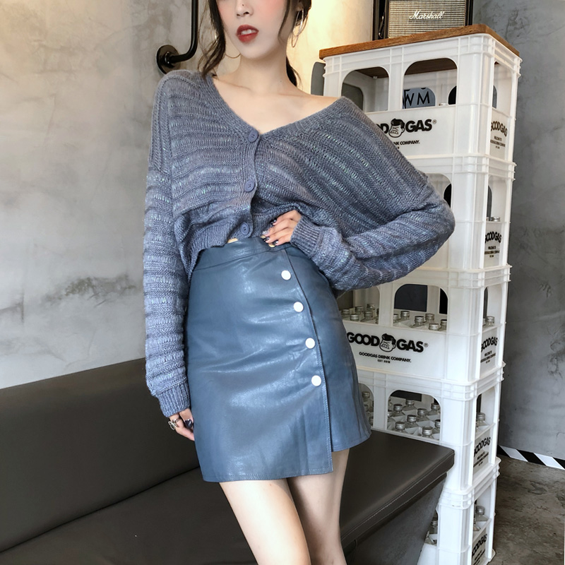港味時尚套裝chic早秋上衣慵懶針織毛衣開衫+百搭高腰皮裙兩件套