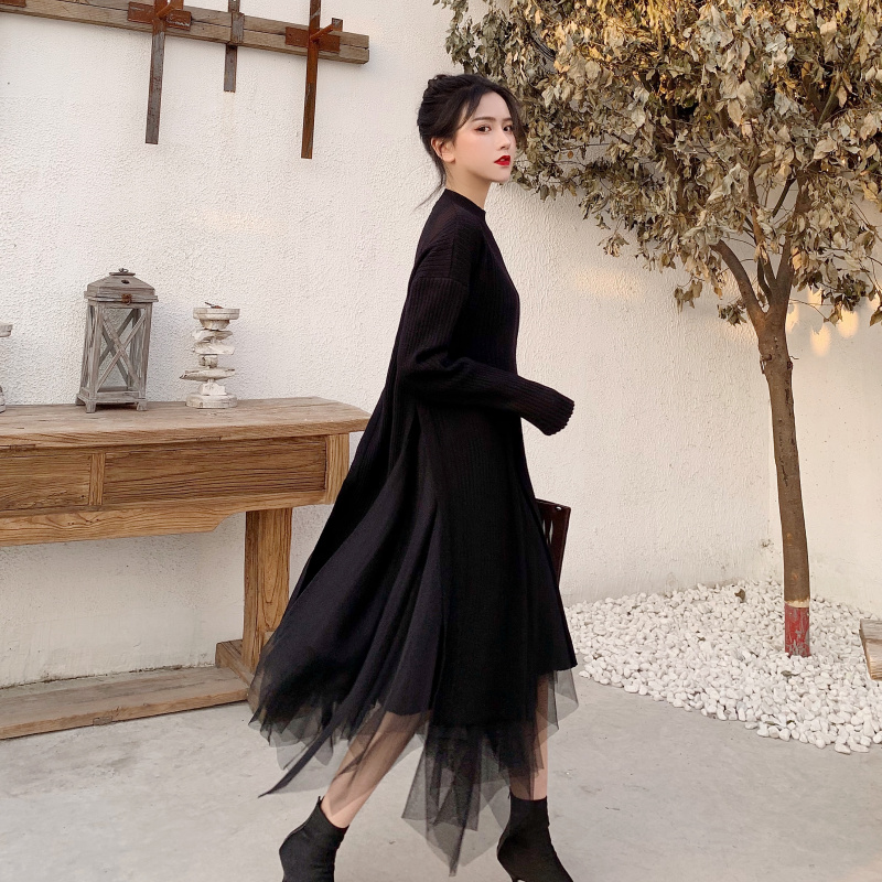 秋冬新款黑色開叉長袖外套寬松上衣+不規則黑色高腰中長款連衣裙