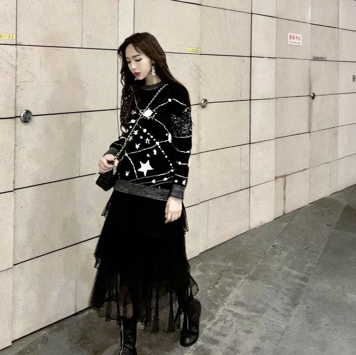 復古韓國chic風時尚星空星球圓領寬松毛針織衫女+抽褶網紗蛋糕裙