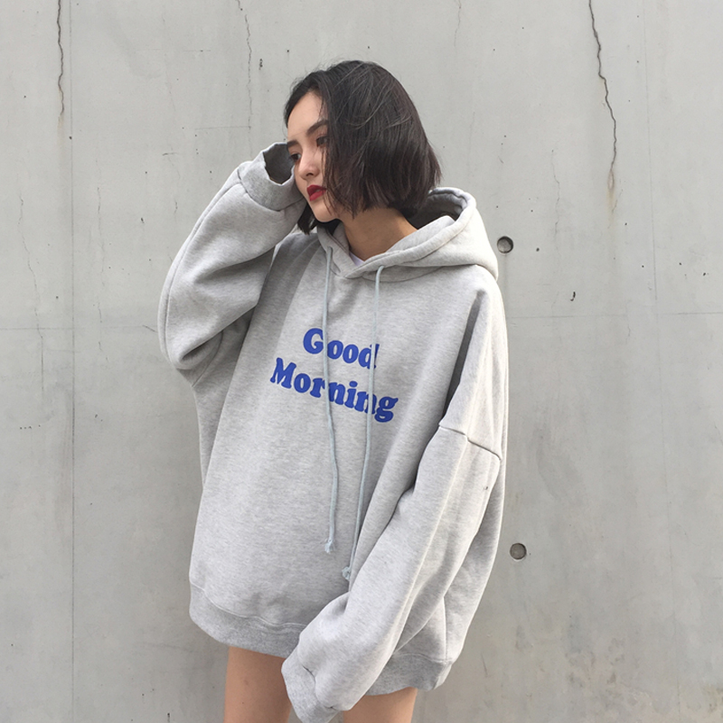 早上好英文寬松連帽加絨衛衣女2018新款chic早秋學生韓版套頭上衣