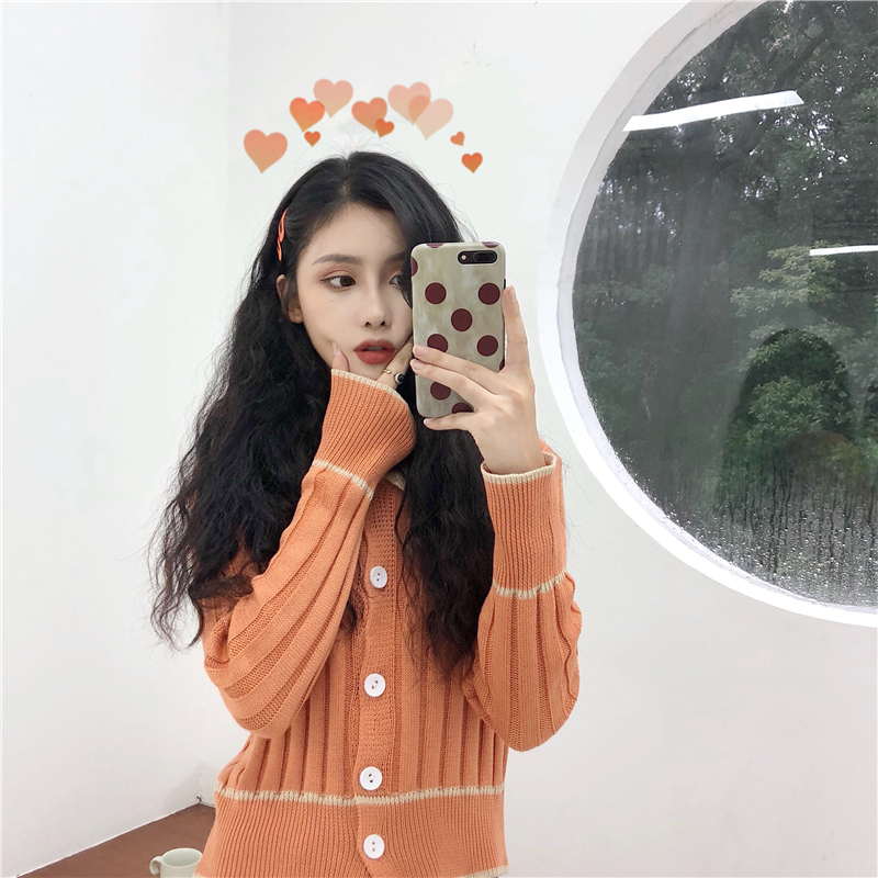 chic早秋上衣韓版顯瘦撞色單排扣針織開衫寬松polo領港風毛衣女潮