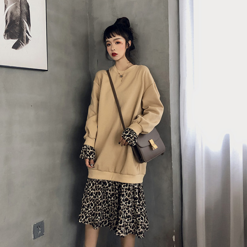 復古港風加絨百搭圓領中長裙新款韓版秋冬假兩件拼接豹紋連衣裙女