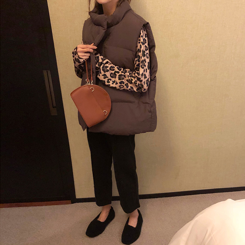 韓版新款百搭馬甲加厚背心面包棉衣豹紋內搭呢子拼接褲子時尚套裝