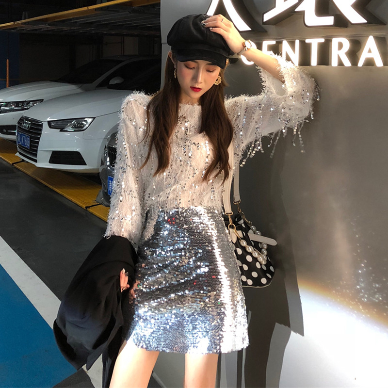 2018秋裝新款韓版兩件套女氣質重工流蘇亮片上衣珠片短裙時尚套裝