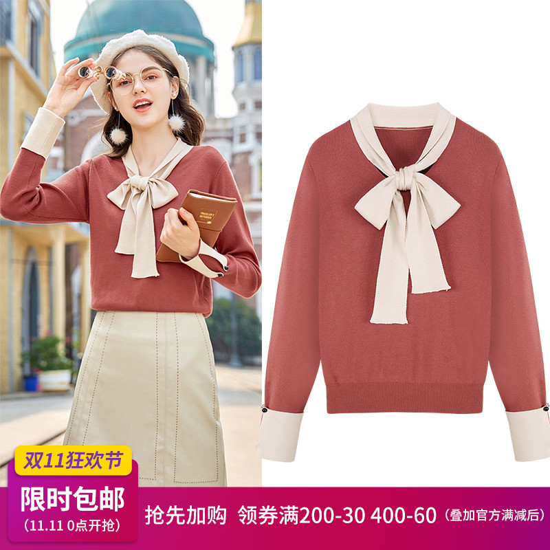 MG小象chic針織衫女秋冬2018新款蝴蝶結長袖上衣學生套頭復古毛衣
