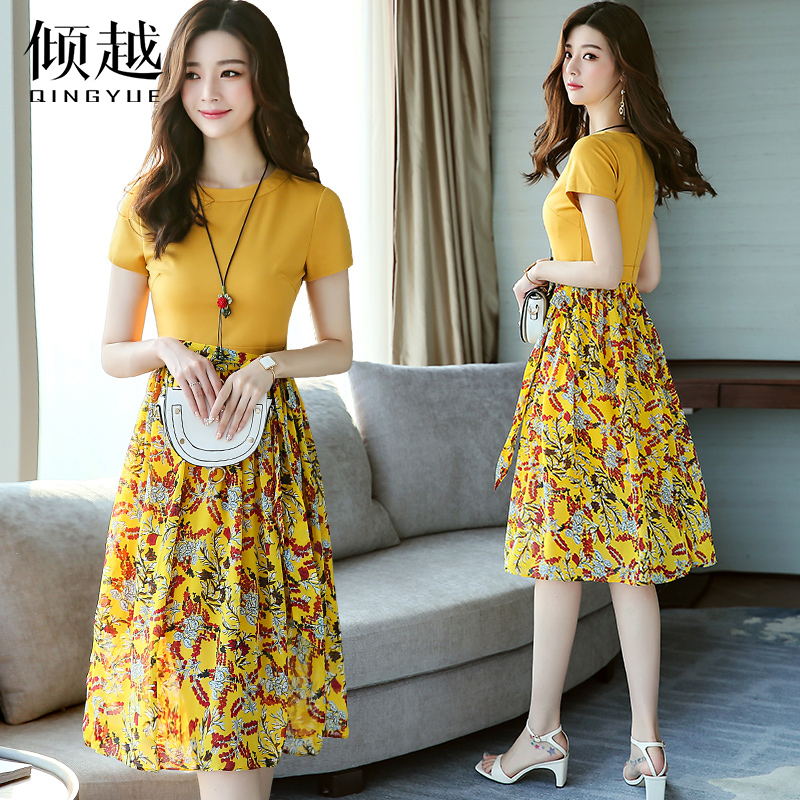 雪紡連衣裙2017夏季新款韓版女修身顯瘦中長款時尚印花短袖裙子潮