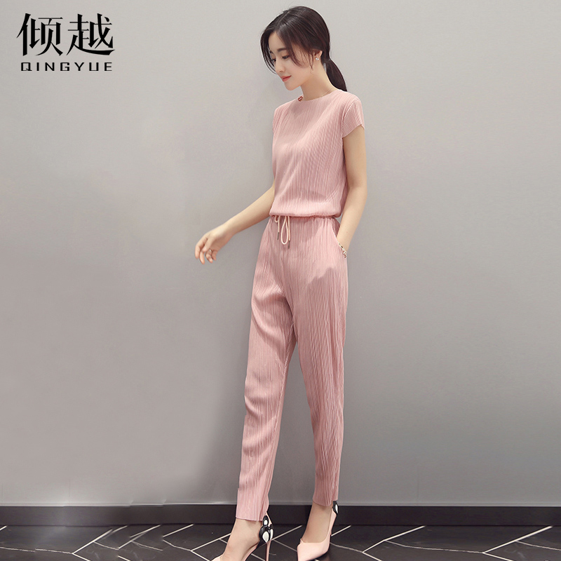 傾越2017夏季短袖雪紡衫九分褲休閑套裝寬松顯瘦兩件套夏大碼女裝