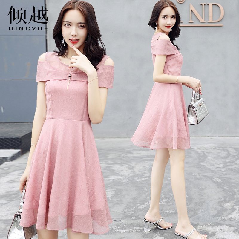 2017新款夏季雪紡連衣裙女中長款漏肩收腰顯瘦裙子時尚修身A字裙