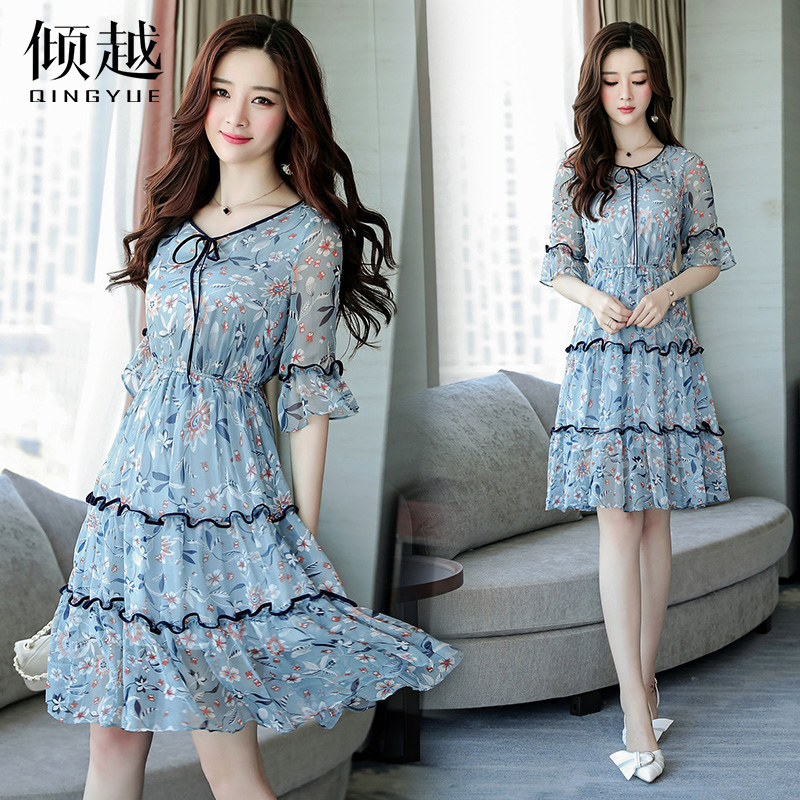 雪紡連衣裙2017夏季新款女裝中袖系帶拼接碎花氣質小清新印花長裙