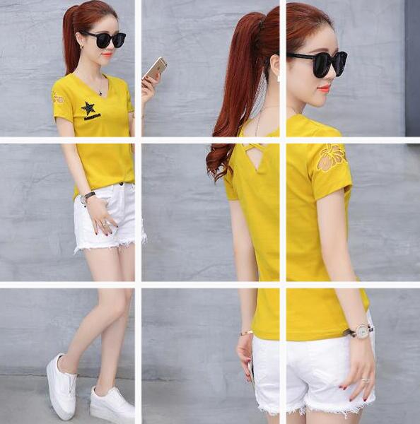 條紋V領短袖t恤女夏裝2017新款小衫大碼純棉半袖修身上衣服女體恤