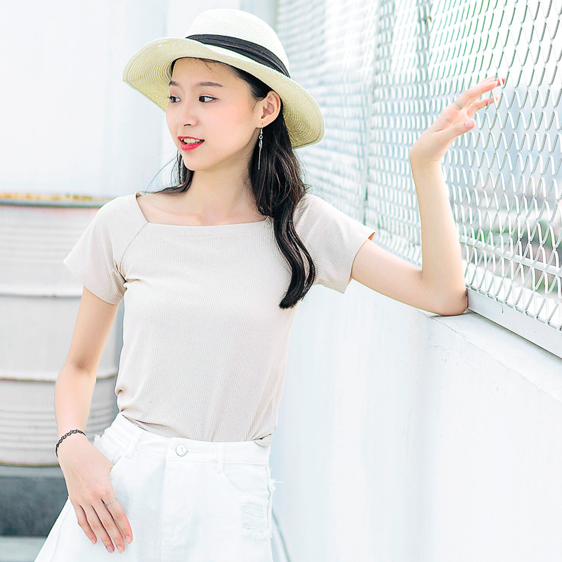 一字領短袖T恤夏裝新款韓版休閑簡約百搭短款修身上衣潮