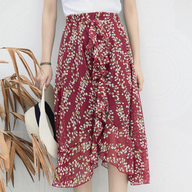 夏裝新款韓版女裝雪紡碎花半身裙女高腰顯瘦荷葉邊中長裙子潮