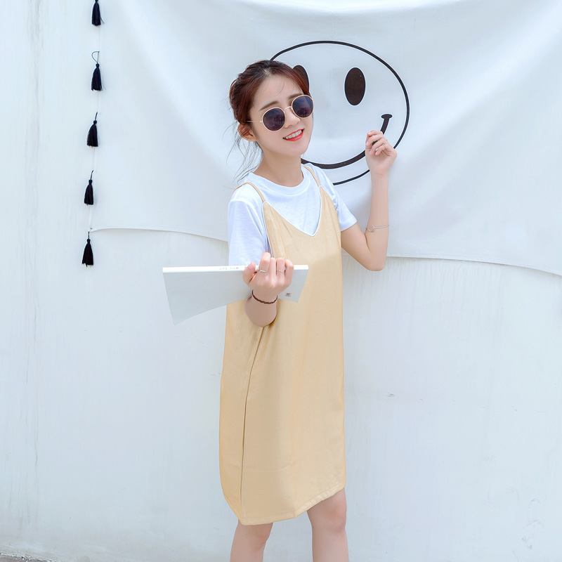 夏裝新款女裝韓版寬松直筒連衣裙休閑學生百搭V領吊帶裙子潮