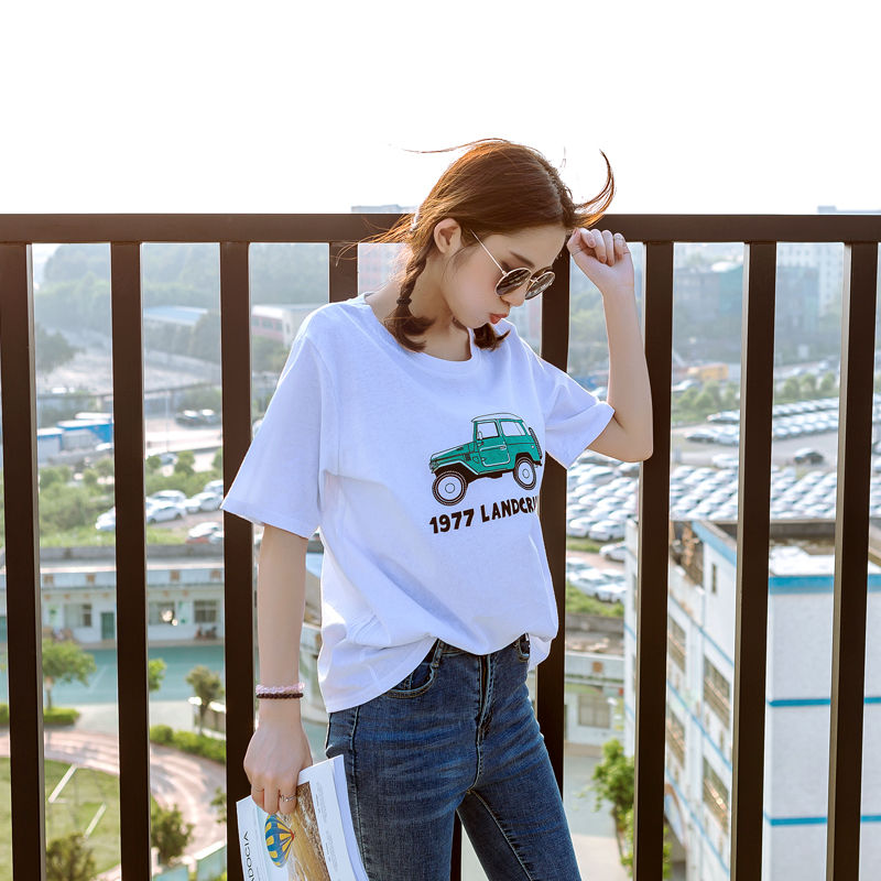 夏裝新款女裝韓版白色百搭t恤寬松印花學生短袖上衣體恤女潮