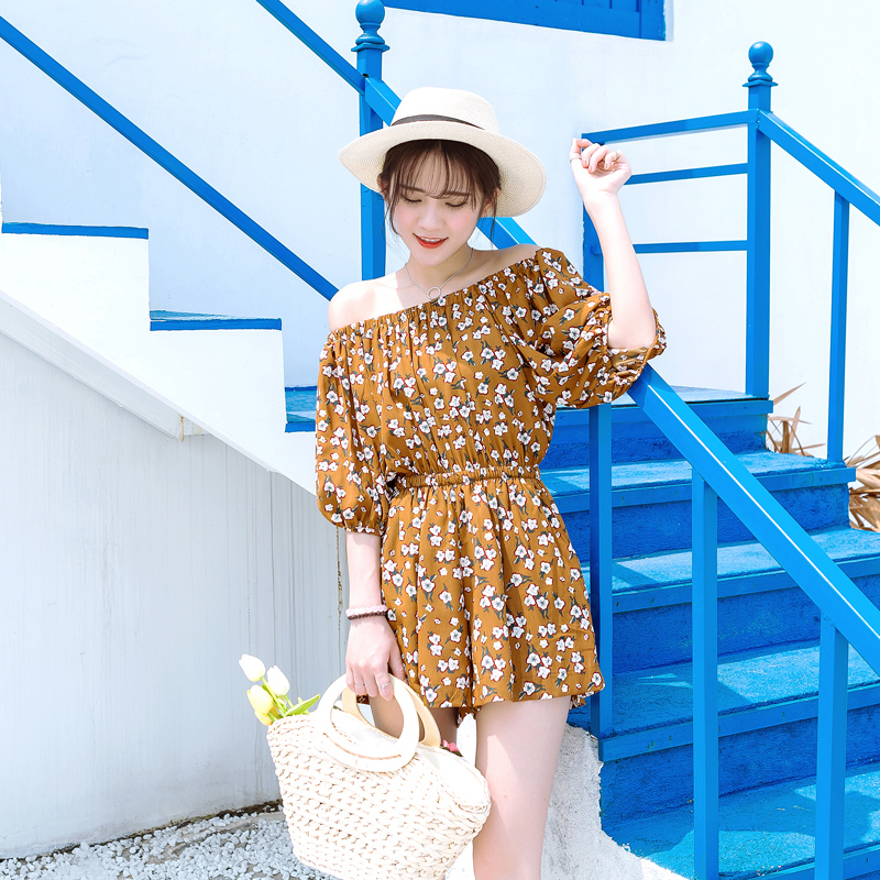 夏裝新款韓版女裝一字領碎花學院風雪紡連體褲高腰短褲休閑褲