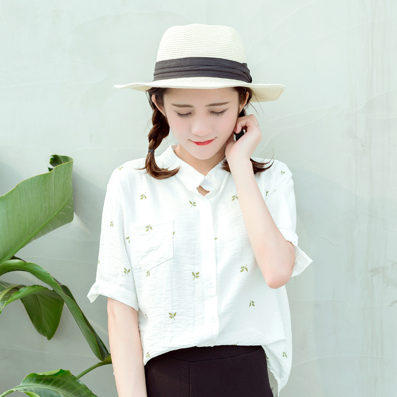 夏裝新款女裝潮韓版短袖花朵刺繡雪紡衫白色寬松學生開衫上衣