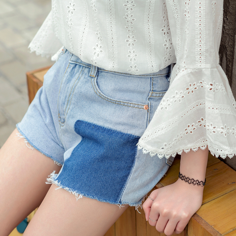 春夏季新款韓版時尚拼色顯瘦闊腿學院風牛仔毛邊短褲女熱褲