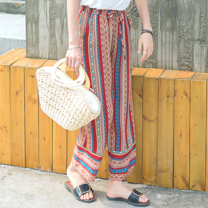 夏裝新款女裝休閑寬松直筒高腰民族風雪紡闊腿褲九分百搭褲子