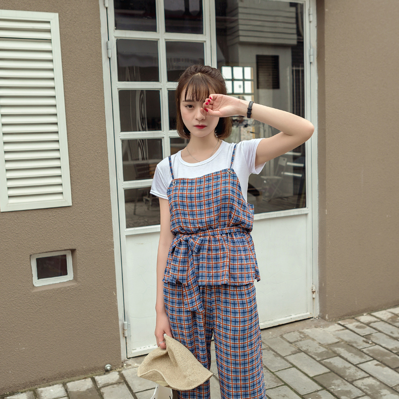 春夏季新款格子吊帶T恤闊腿寬松時尚氣質韓版三件套潮