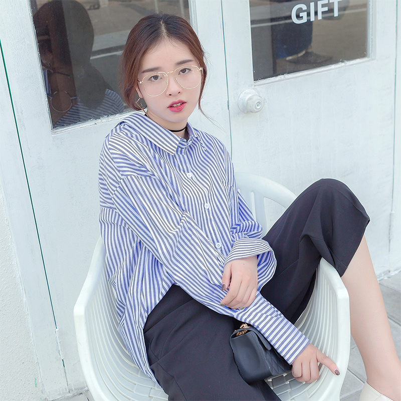 春裝新款韓版中長款露背條紋襯衫女寬松學院風長袖襯衣上衣潮