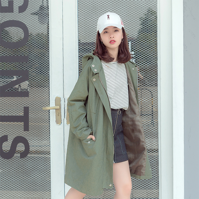 春裝新款韓版女裝中長款連帽中長款風衣寬松學生外套學院風潮