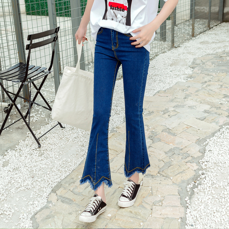 學生韓版百搭高腰九分喇叭牛仔褲女不規則毛邊流蘇顯瘦黑色微喇褲