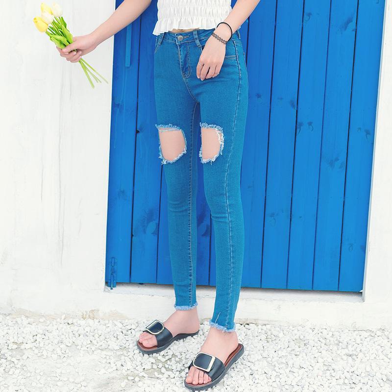 夏裝新款韓國女裝復古膝蓋破洞高腰牛仔褲修身顯瘦小腳鉛筆褲