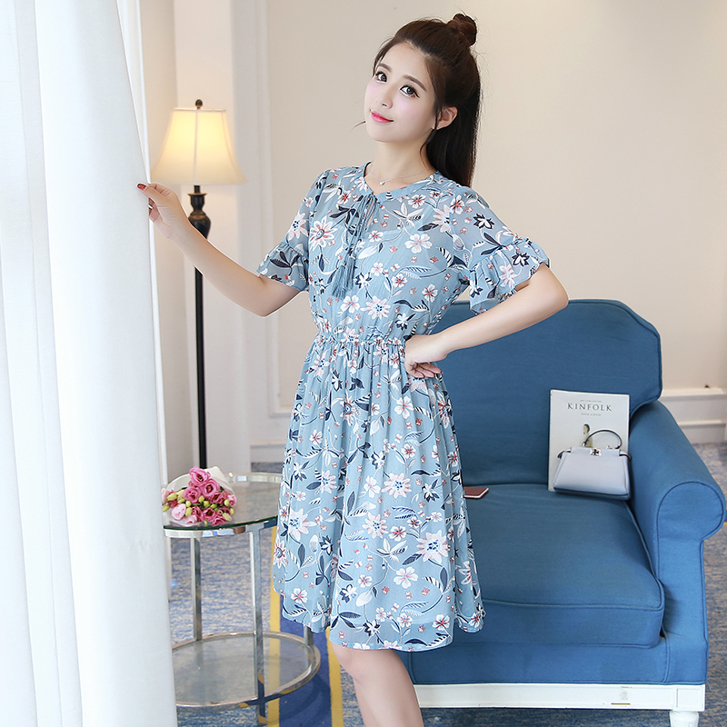 碎花雪紡連衣裙夏新款系帶收腰短袖印花A字裙中長款沙灘裙女