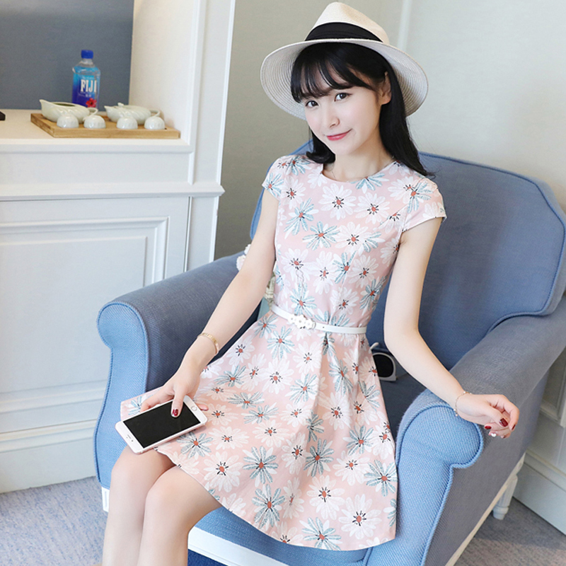 夏季新款韓版女小清新修身顯瘦印花a字裙時尚連衣裙女裝中裙