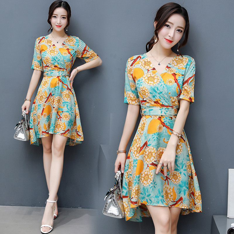 夏季新款女裝韓版氣質短袖修身裙子中長款印花雪紡連衣裙女潮