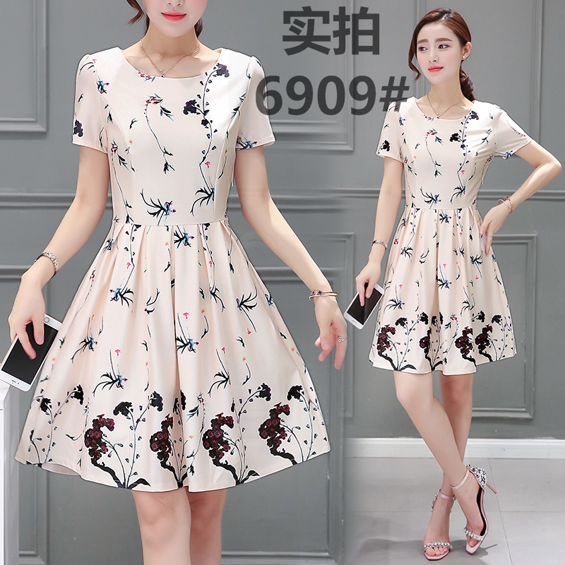 新款夏裝印花雪紡中長款圓領連衣裙女裝修身韓版A字裙蓬蓬裙