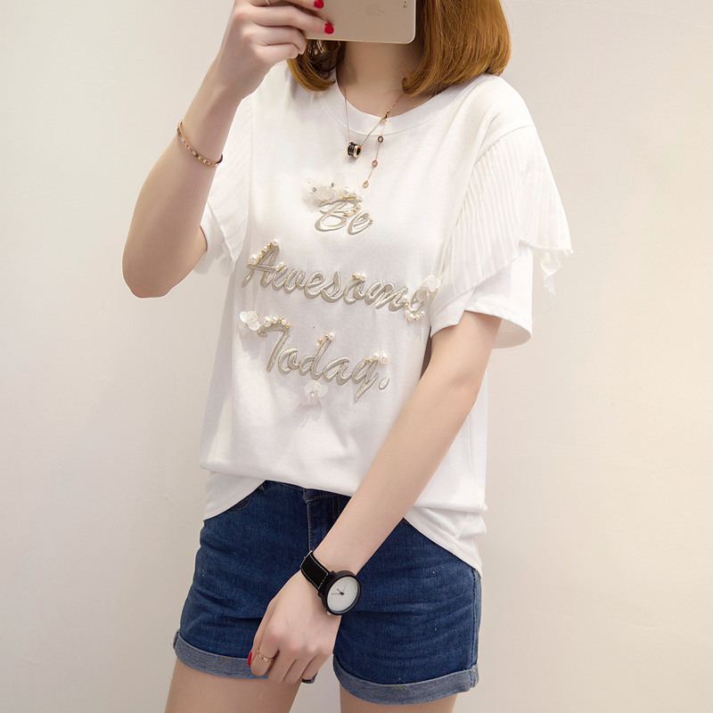 夏裝新款女裝上衣刺繡字母白色t恤女短袖寬松韓版休閑百搭潮